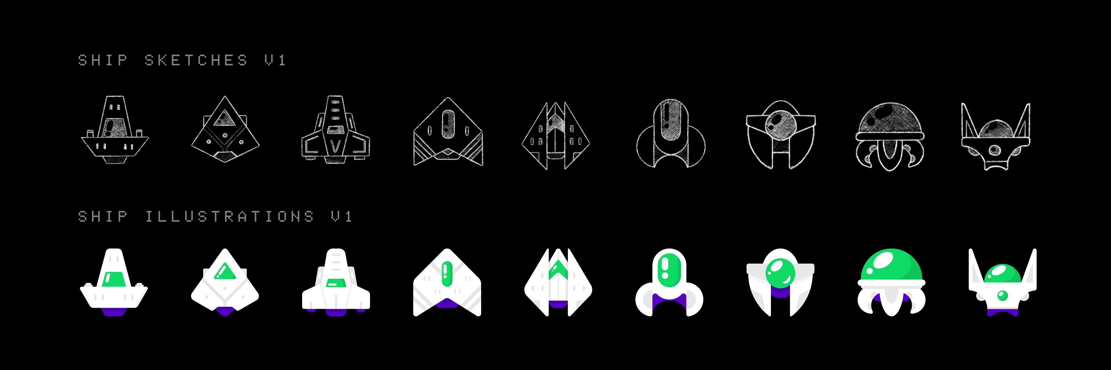 Space ship designs — sketches and finished illustrations