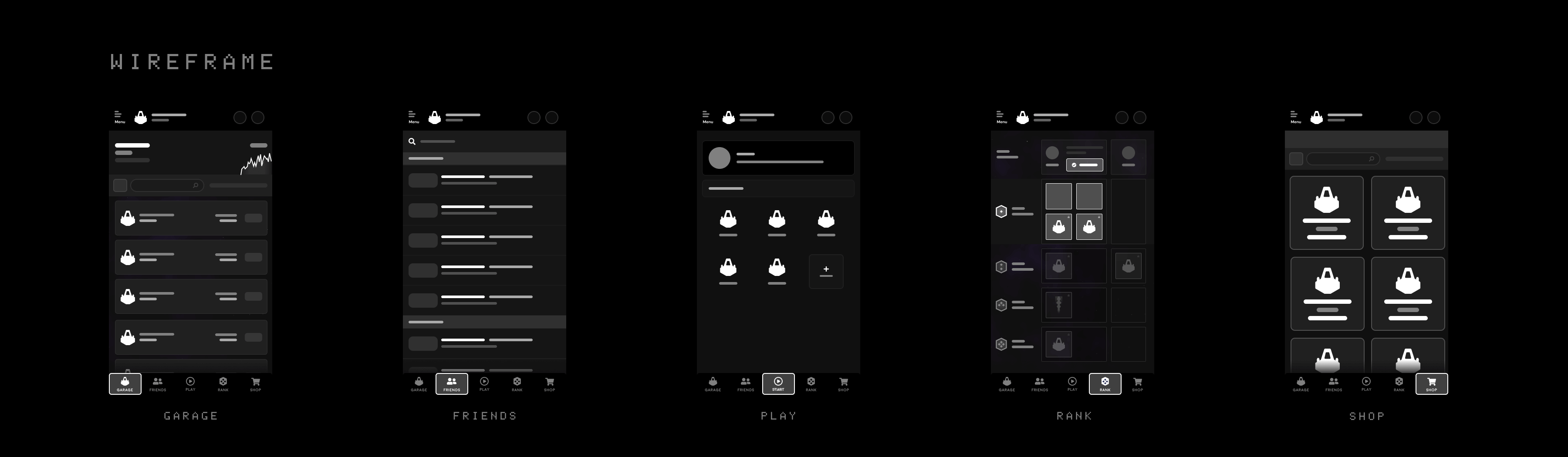 Space app wireframes — Garage, Friends, Play, Rank, and Shop