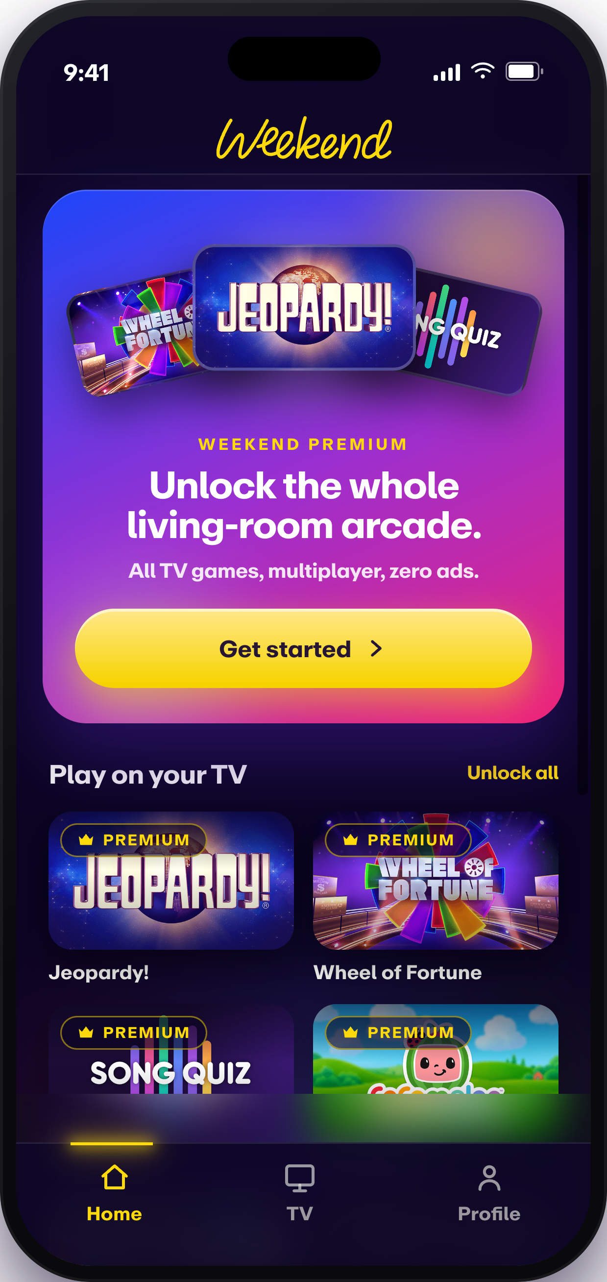 Weekend mobile — home with premium pitch and TV game rails