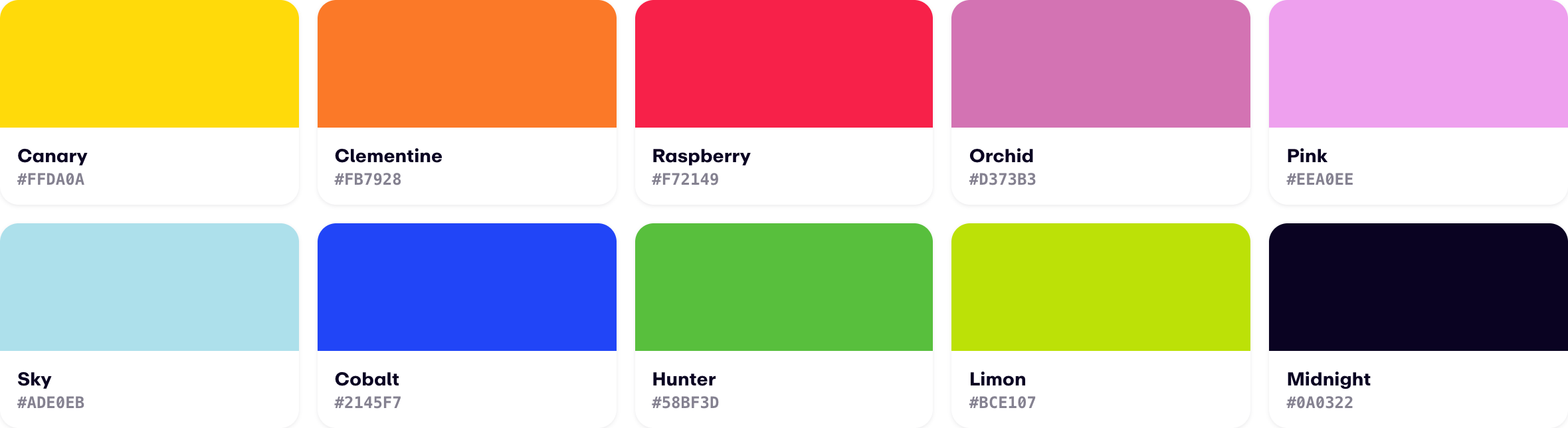 Weekend brand palette — Canary, Clementine, Raspberry, Orchid, Pink, Sky, Cobalt, Hunter, Limon, Midnight